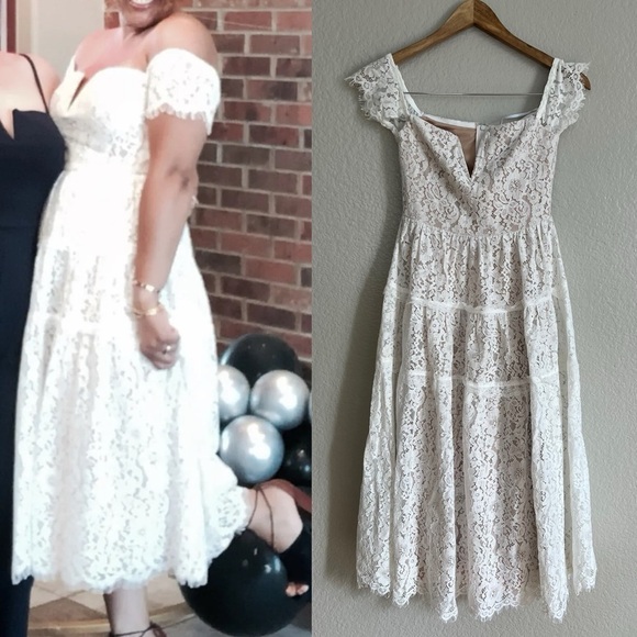 DAMAGED Absolutely Stunning White Lace Off-the-Shoulder Midi Dress - Picture 4 of 10